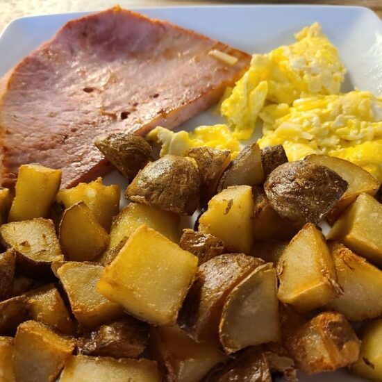 ham and eggs with a side potatoes