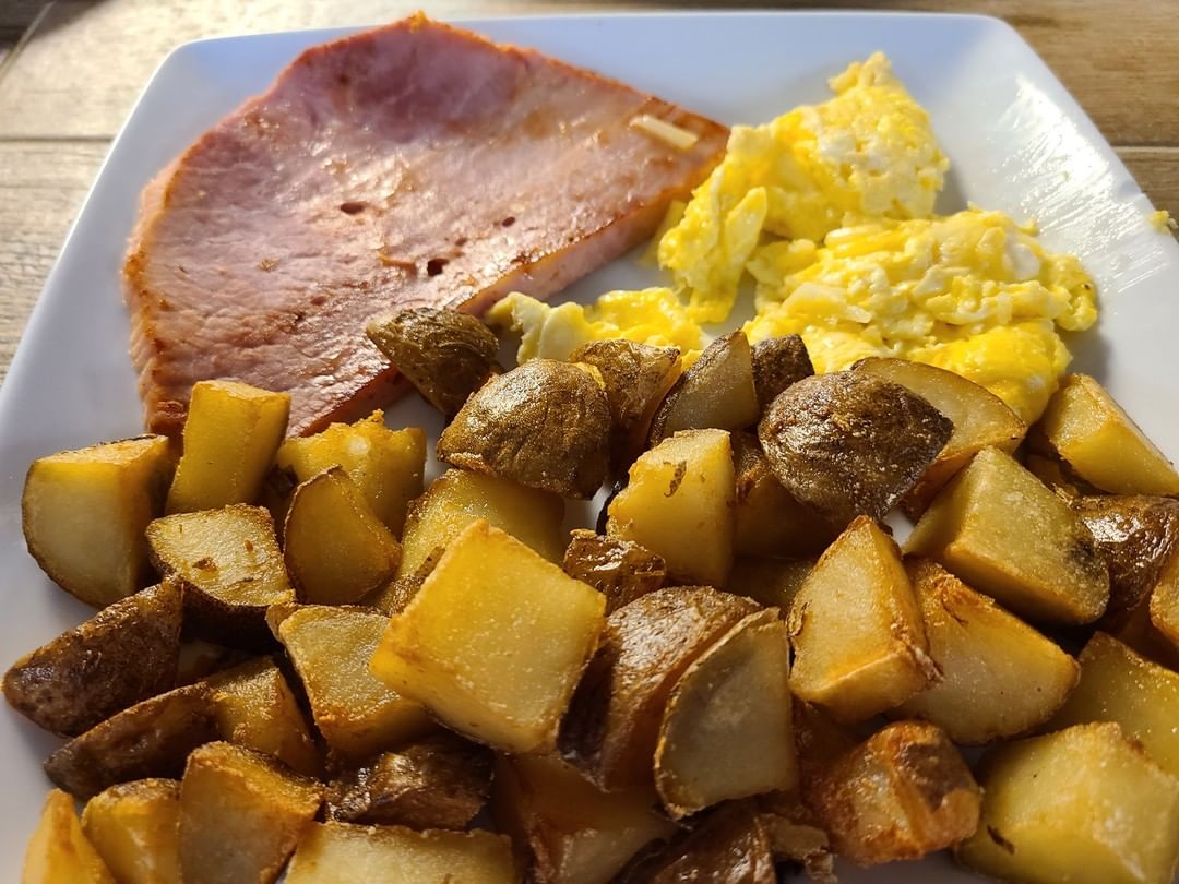 ham and eggs with a side potatoes